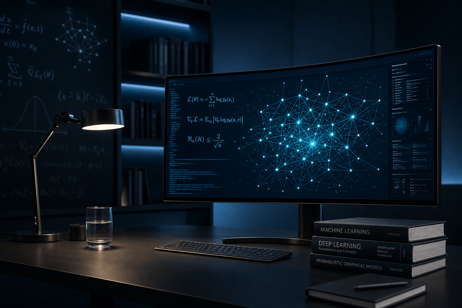 Tech-academic scene—neural network visualization on ultrawide display, books and cool cyan lighting, AI model index